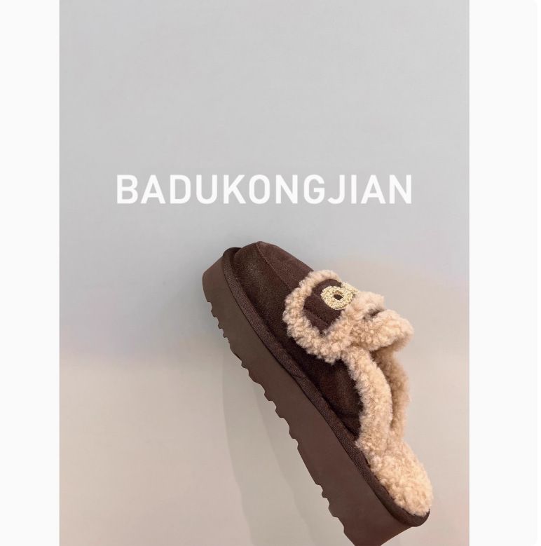 Pantofole a mezza punta chiuse con fodera in pile e suola spessa in pelliccia per donna, nuove versatili slip-on 2025, stivali da neve, cotone_voghion.com