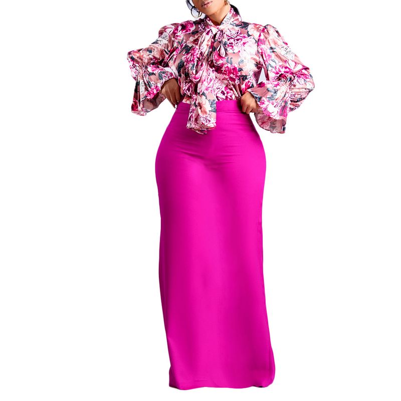 Dameskleding Mode Bedrukt Strappy Shirt met Lange Mouwen Rok Lange Rok Tweedelige Set_voghion.com