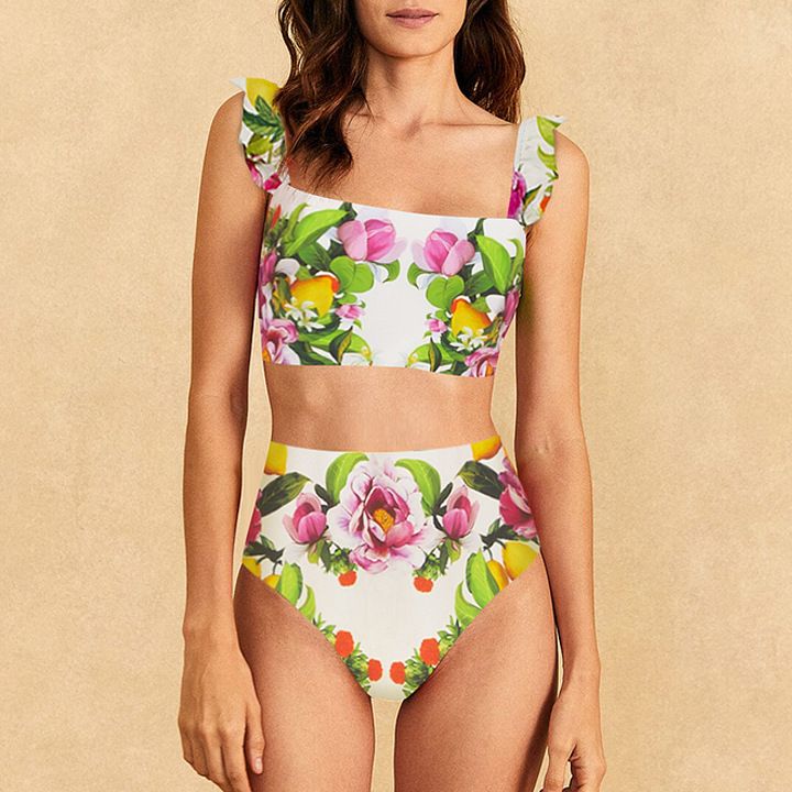 Bikini-Set mit hoher Taille für Damen – Zweiteiliger Badeanzug mit Blumenmuster und seitlichem Schlitz_voghion.com