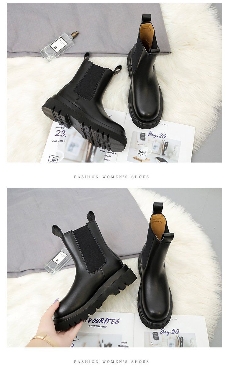 Stivali da donna in pelle con testa tonda e suola spessa stivali a metà gamba scarpe da donna alla moda_voghion.com