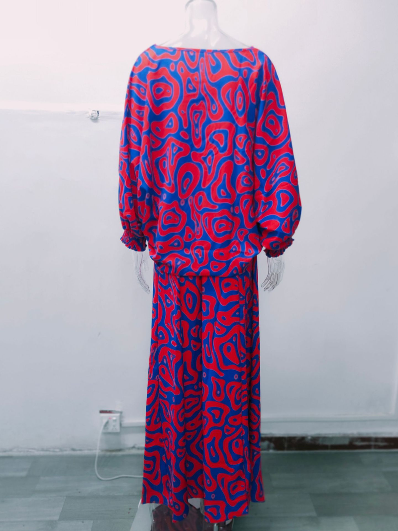 Feminino solto estampado manga longa top cintura alta tamanho grande saia longa terno_voghion.com