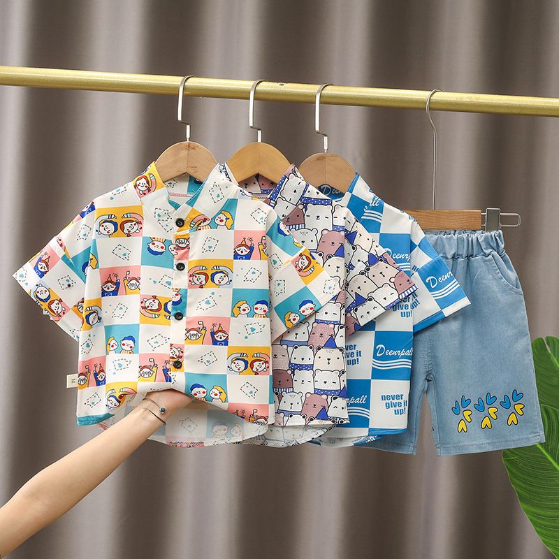 2024 Summer New Polo Neck Shirt Short sleeved Set, Boys' Casual Cowboy Shorts Two Piece Set_voghion.com