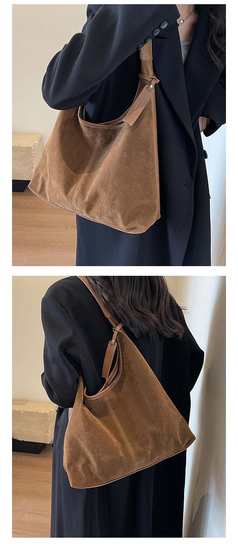 Vintage Style Suede Tote Bag For Women - Spacious Crossbody Shoulder Bag With Magnetic Closure, Perfect For Work & Casual Outfits (Brown, Black, Tan)_voghion.com