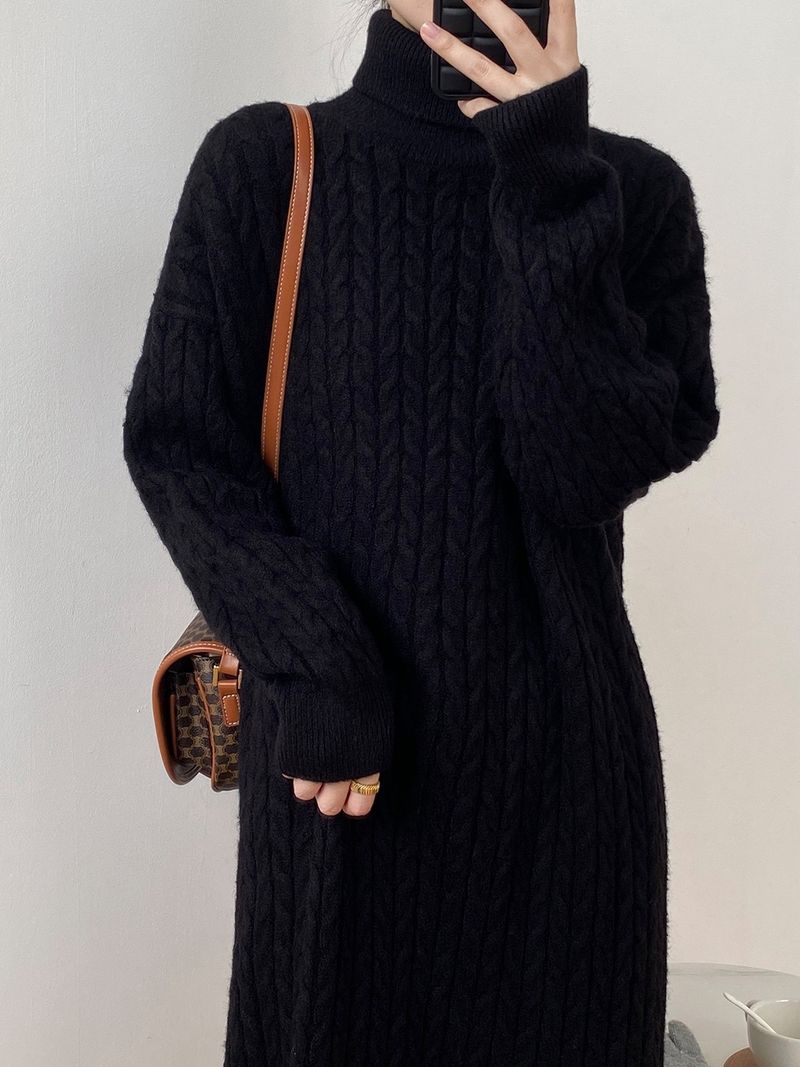 Vêtements pour femmes Nouvelle robe pull de style paresseux d'automne et d'hiver torsadée droite simple ample au-dessus du genou col à poils bas longue robe tricotée_voghion.com