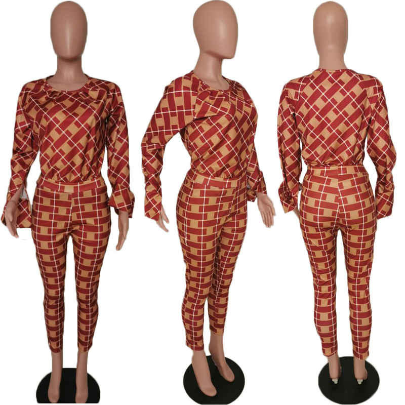 Explosieve losse blouse met lange mouwen en geruite broek, tweedelige set_voghion.com