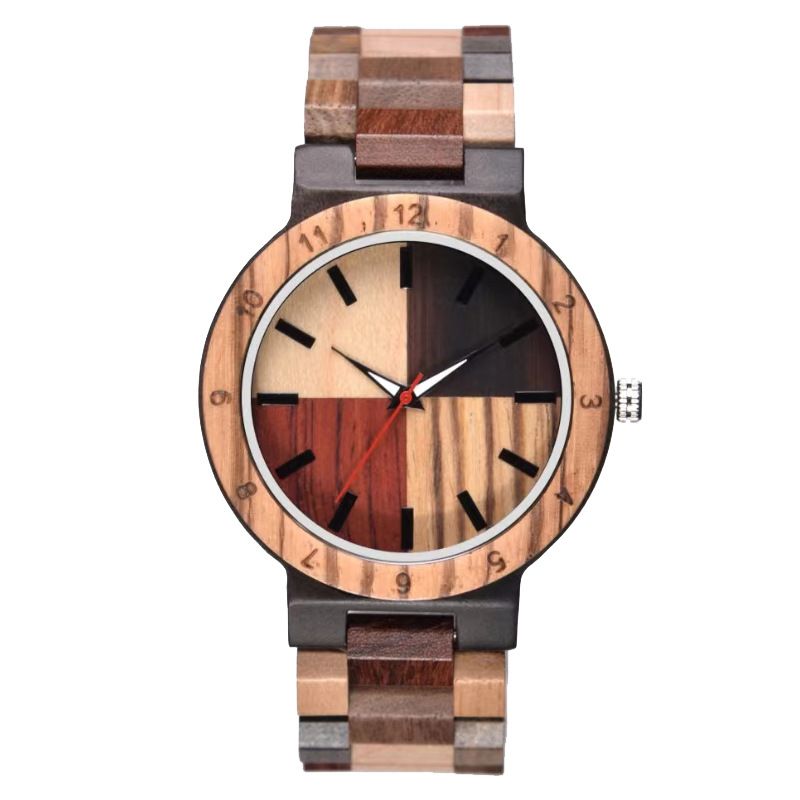 Heißer Verkauf Unisex Leuchtende Kreative Vier-Farben-Nähte Mode Quarz Holz Uhr_voghion.com