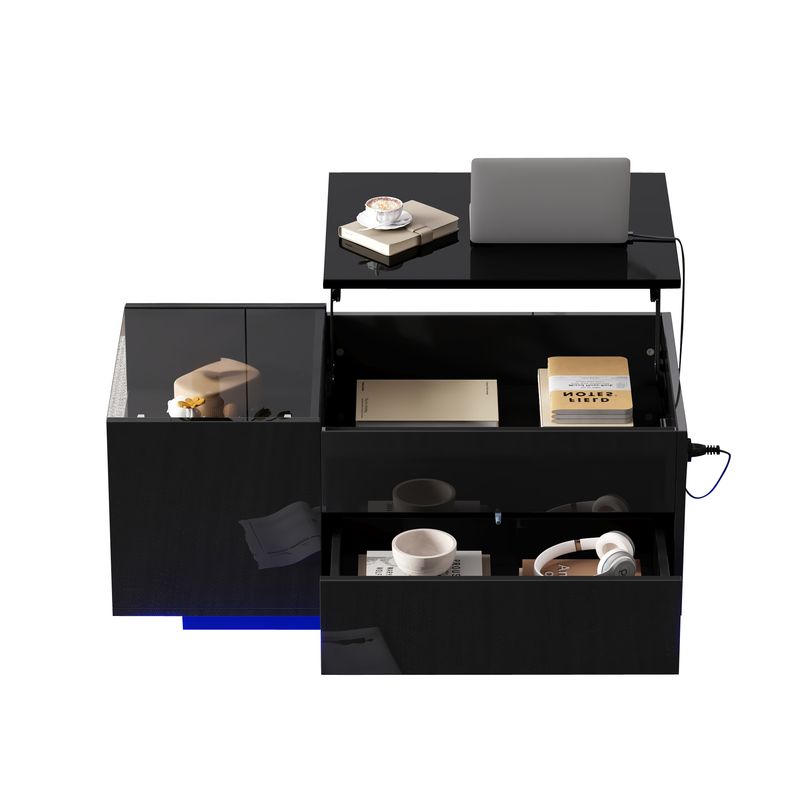 Table basse réglable en hauteur 95 x 48 x 42 cm avec rangement dissimulé, éclairage LED, tiroir et prise de courant - Table d'appoint de salon noire_voghion.com