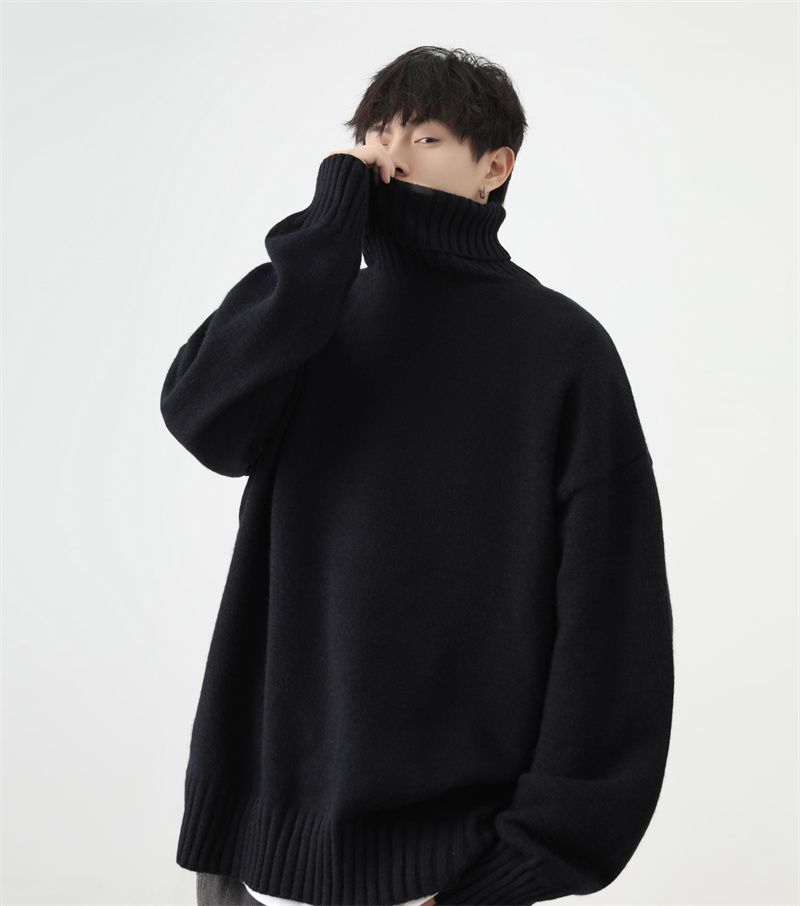 QOTRIOCK Turtleneck For Men Winter Loose Solid Color Fleece Lined Thickened Warm Couple Knitted Base Shirt Sweater_voghion.com