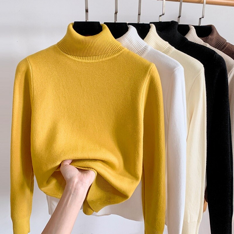 Pull femme automne hiver pull rembourré femmes chaud col roulé bas chemise couleur unie sous-vêtements hauts pulls_voghion.com