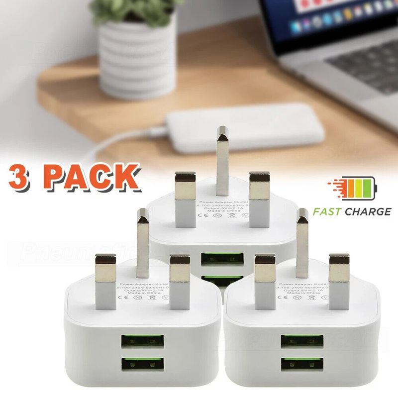 3er-Pack 2-Port UK USB-Wandladegerät 3-poliger Stecker Netzadapter für Telefone, Tablets_voghion.com