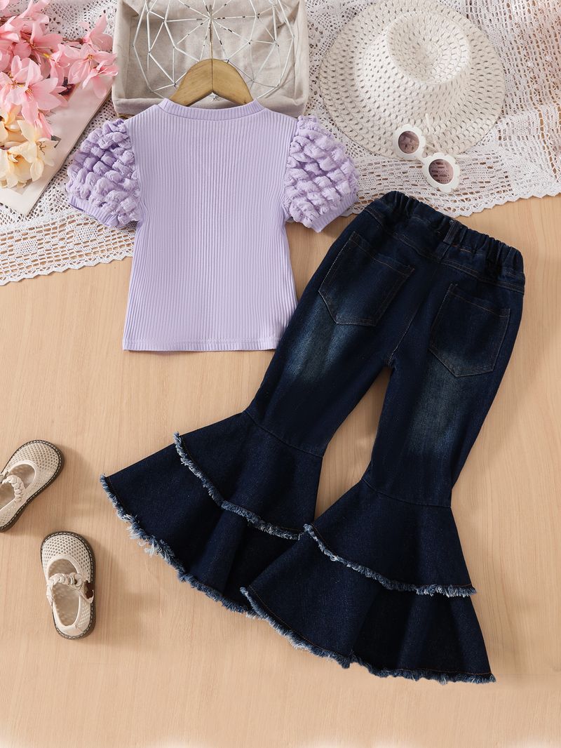 Mutter & Kind T-Shirt mit Puffärmeln, Jeans-Schlaghose mit Perlenbesatz, zweiteiliges Set_voghion.com