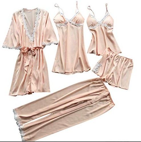 Lenjerie de dormit pentru femei Pijamale sexy din cinci piese pentru femei Rochie de mireasa cu maneca mijlocie de vara Marime mari Imbracaminte pentru casa Camasa de noapte_voghion.com