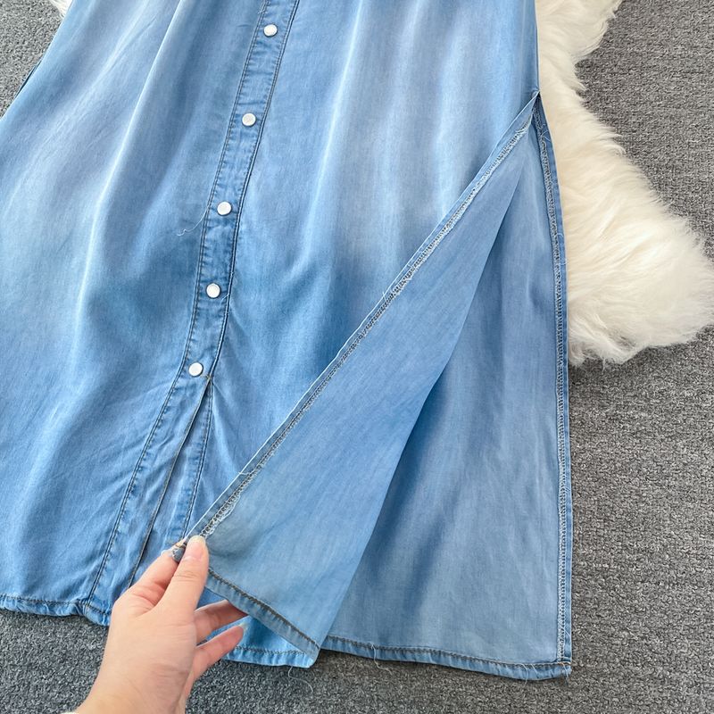 Abito in denim senza maniche, stile maturo e leggero, per donna, estivo, nuovo, retrò, snellente, a trapezio, gonna lunga_voghion.com