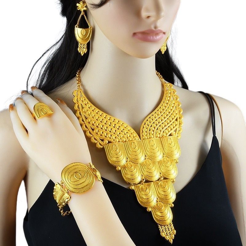 Fashionable luxury ethnic style four piece alloy decoration necklace collarbone jewelry earring set_voghion.com