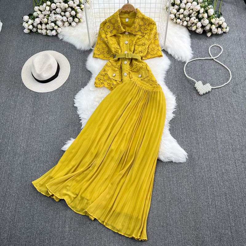Women's light luxury lapel, loose single-breasted lace shirt, two-piece set, high-waist pleated skirt_voghion.com