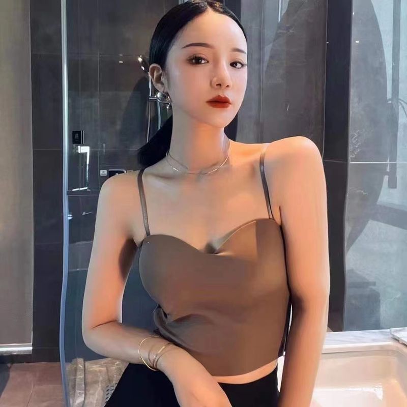 Strapless Women's Camisole Integrated Vest Bra Outer Wear Gathered Beauty Back Seamless Ice Silk Top Fixed Chest Pad_voghion.com