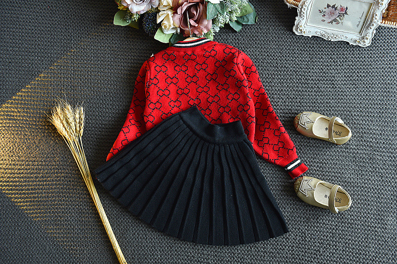 Ropa para niños, suéter tejido a la moda para niñas de otoño + falda arrugada, conjunto de dos piezas, traje para niños_voghion.com