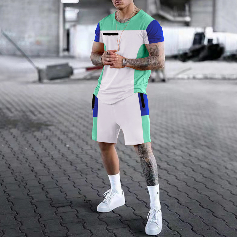 Costume d'été T-shirt à manches courtes col rond décontracté patchwork couleur contrastée ensemble deux pièces pour hommes_voghion.com