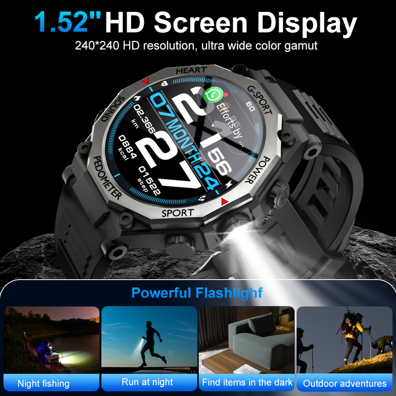 Nouvelle montre connectée pour homme, idéale pour les sports outdoor : écran HD, Bluetooth, lampe torche LED et moniteur de fréquence cardiaque._voghion.com