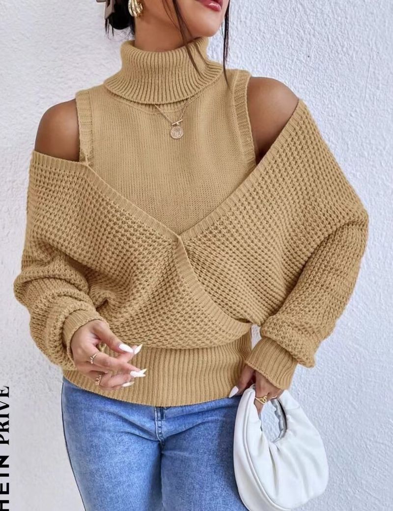 Maglione autunno inverno con collo alto e spalle scoperte, stile delicato, sensazione di alta qualità, colore unito, lavorato a maglia a doppio strato, lungo_voghion.com