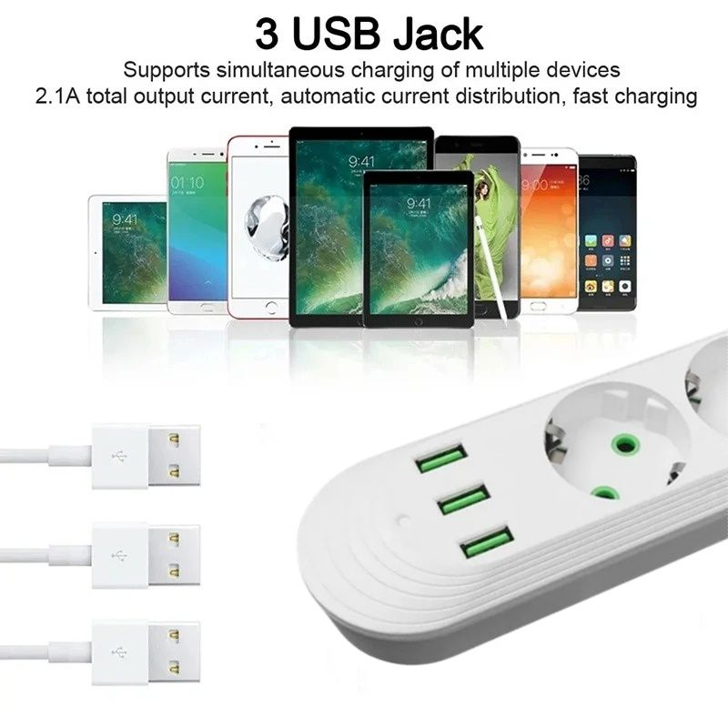 Cavo di prolunga da 2500 W con spina UE e 2 m, multipresa con presa CA a perno rotondo, adattatore per caricabatterie elettrico, porte USB per la casa, ricarica rapida_voghion.com