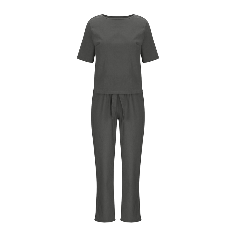 Sommeranzug aus Baumwolle und Leinen für Damen, halbärmeliges, übergroßes Überziehhemd mit O-Ausschnitt, Hosenset mit weitem Bein, Heimkleidung_voghion.com
