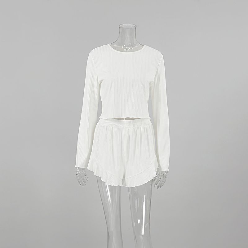 Pyjama blanc côtelé en tricot printemps 2025, manches longues, short à volants, deux pièces, vêtements d'intérieur pour femmes_voghion.com