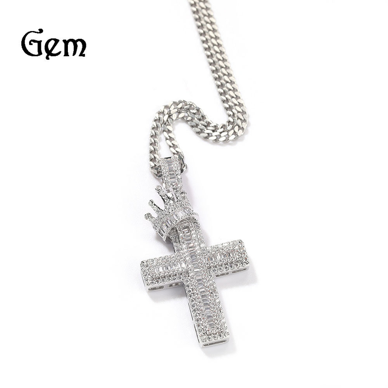 Collana con ciondolo a croce con corona completa per uomo, in rame con zirconi intarsiati, stile hip hop punk, alla moda_voghion.com