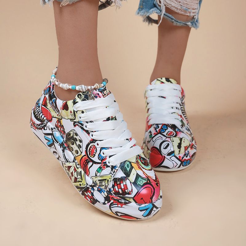 Neue dicke Sohle Mode Druck Schnürschuhe Sport Damen Rundkopf 43 Größe Paar Freizeitschuhe_voghion.com