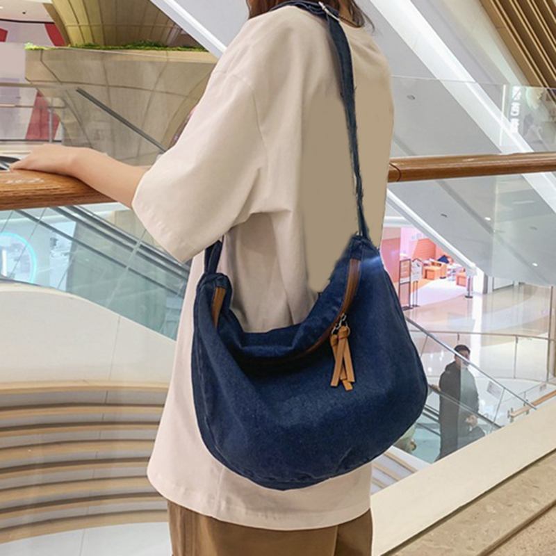 Lihanbao Stylish Messenger Bag Denim Crossbody Bag Casual Canvas Tote Large Capacity Adjustable Strap Zip Closure Student Satchel For Women -Dark Blue_voghion.com