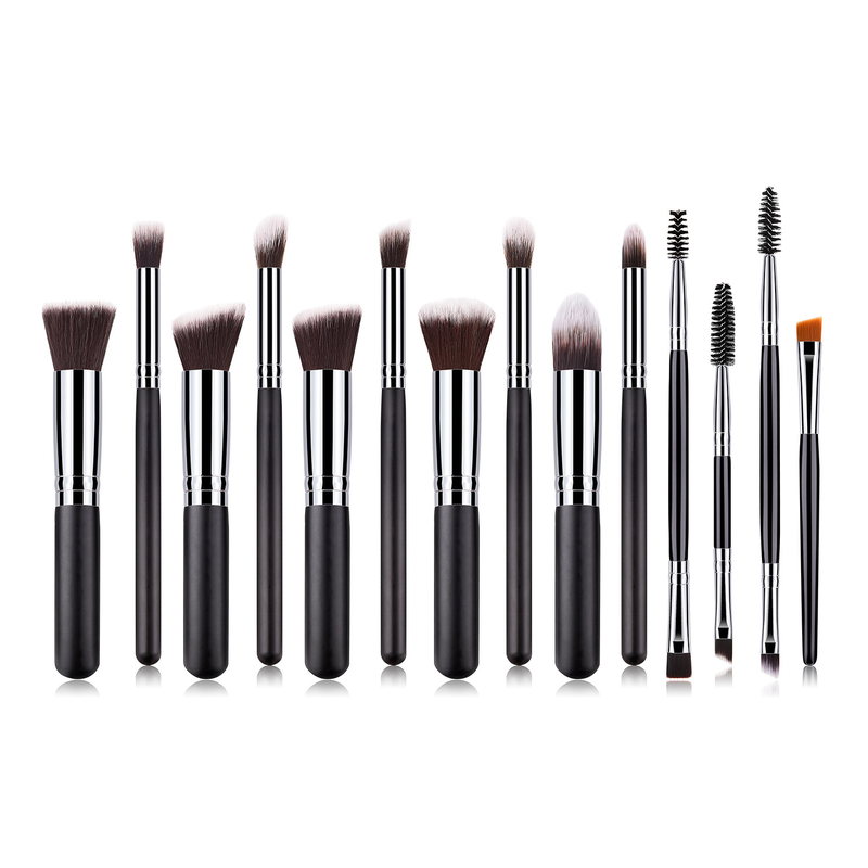 14-piece makeup brush set, black and silver, five big and five small, double-headed eyelash brush, makeup tools GUJHUI_voghion.com