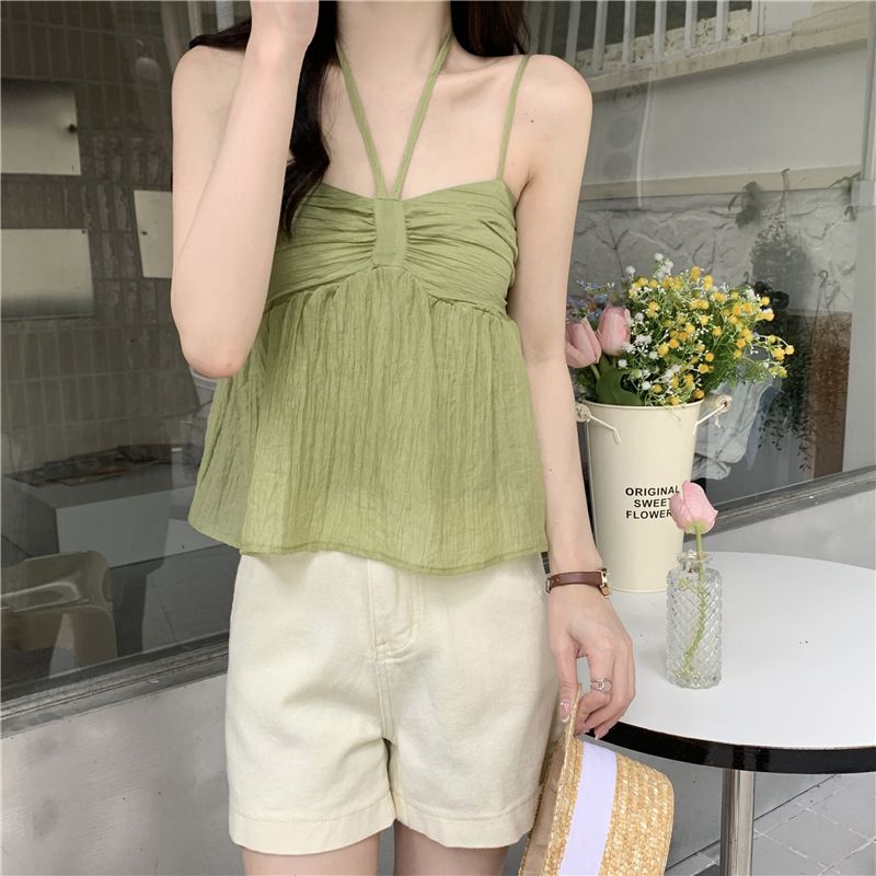 Women's Clothing Pure Color Small Fresh French Suspenders Women's Halter New Sweet Small Vest Outerwear Double Layer Suspenders_voghion.com