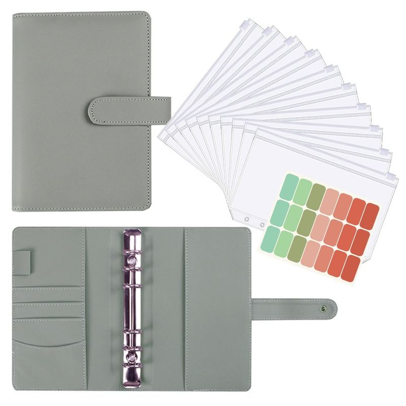 Refillable Notebooks Cash Budget Account Book Snap Button A6 Loose Leaf Folder Zipper Bag Matcha Green Leather PU Loose Leaf Book_voghion.com