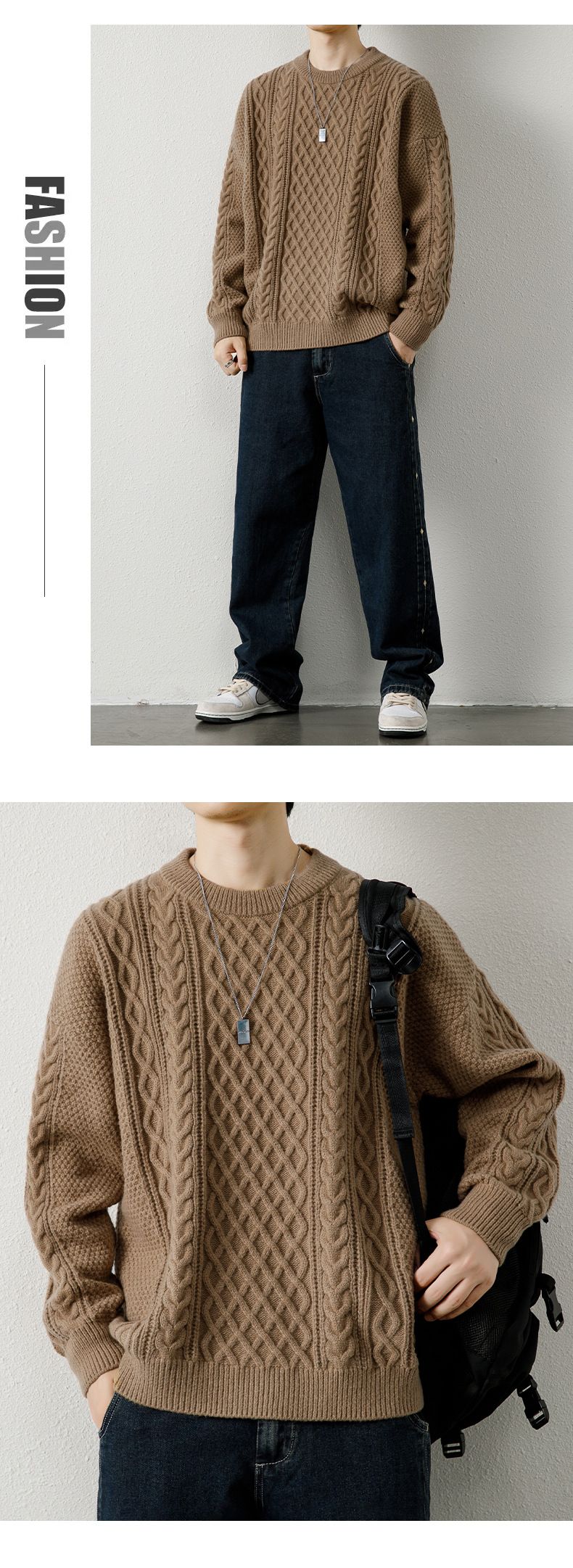 Herren-Zopfmusterpullover, warmer Winterpullover, Rundhalsausschnitt, dick gestrickte Basisschicht, lässig, lockere Passform, trendiger Pullover_voghion.com