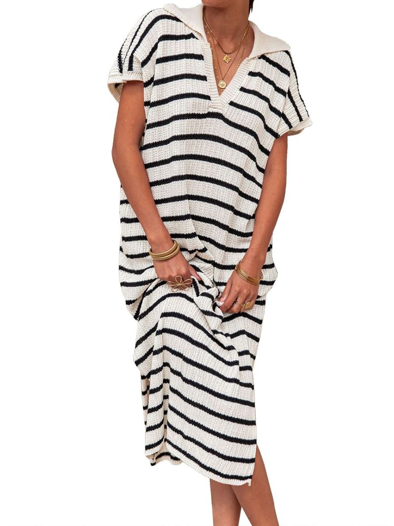 Maglione lungo a righe con scollo a V e revers a lancia, da donna_voghion.com