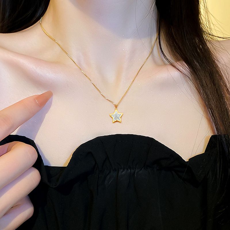 【Acciaio al titanio a corpo intero】 Collana in vero oro nella stella pentagonale estremamente semplice fornace a vento, maglia ins femminile_voghion.com