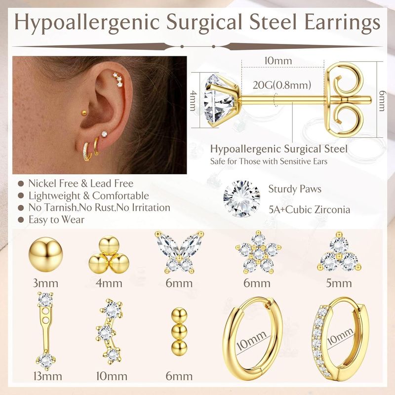 14K Gold Earring Stack Set Stainless Steel Stud Earrings Dainty Huggie Hoop Cartilage Earring Sets For Multiple Piercing_voghion.com