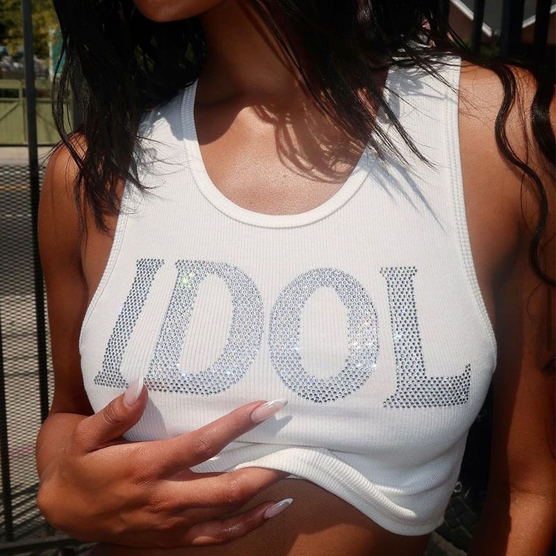 Damenbekleidung Sommer Damen Punk Tops Retro Hot Diamond Ärmellose Cropped Tops Casual Damen Weißes T-Shirt Weste_voghion.com