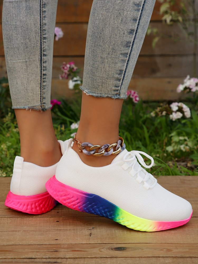 Casual shoes for women spring and summer new European and American large size rainbow bottom elastic thick sole lace up knitted sneakers for women_voghion.com