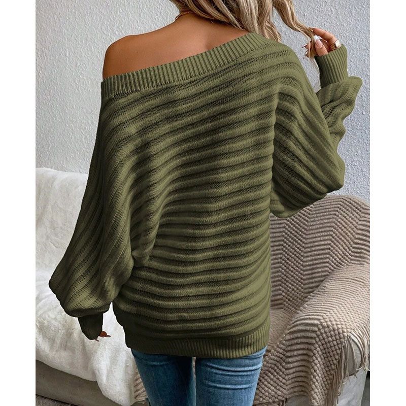 Eleganter Strickpullover mit Fledermausärmeln und U-Boot-Ausschnitt für Damen – weicher Acrylstoff, entspannte Passform, vielseitiger Pullover in Volltonfarbe für Herbst und Winter_voghion.com