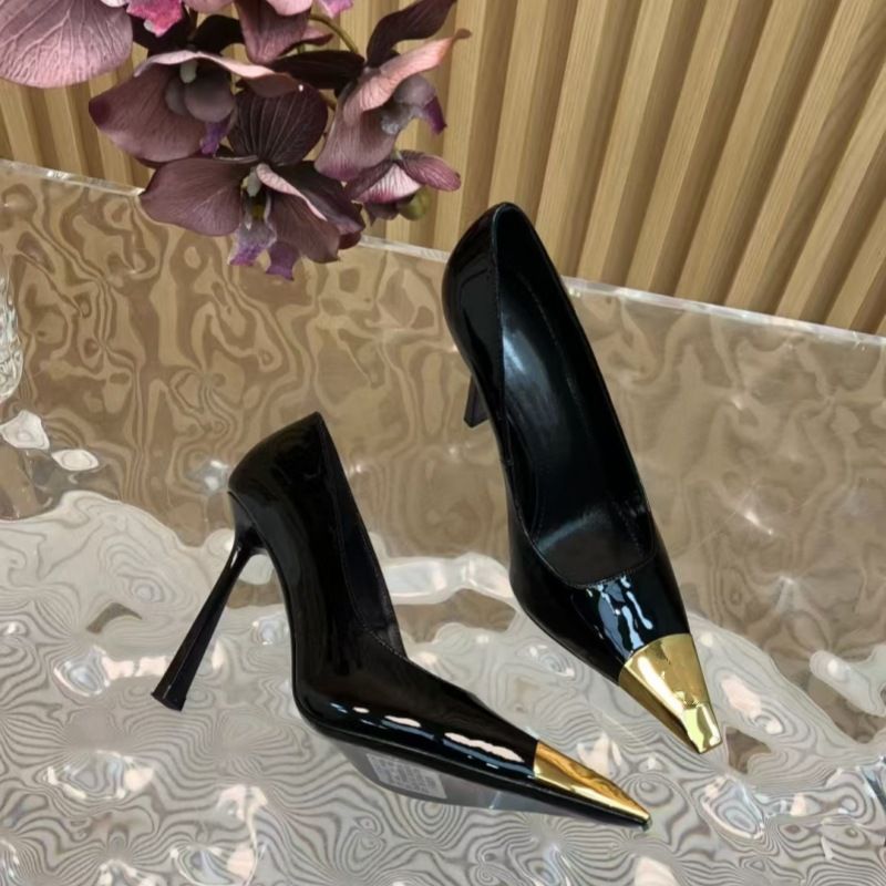 High End Black Patent Leather Metal Toe High Heels For Women 2024 New Slim Heel Pointed Shallow Mouth Single Shoe Sexy_voghion.com