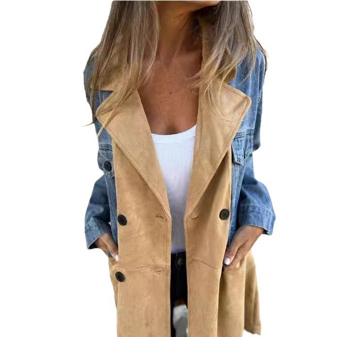 Höst/vinter Ny fashionabel kostymkrage Cowboy Splicing Mellanlängd Kappa för kvinnor_voghion.com