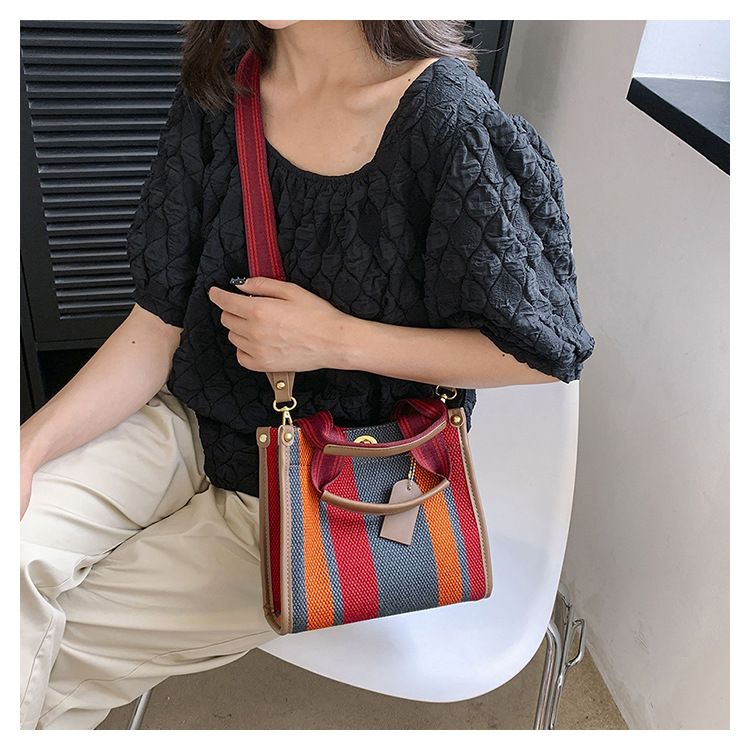 Borsa tote da donna, borsa tote a mano alla moda a righe da donna, borsa a tracolla monospalla in tela color-block di grande capacità_voghion.com