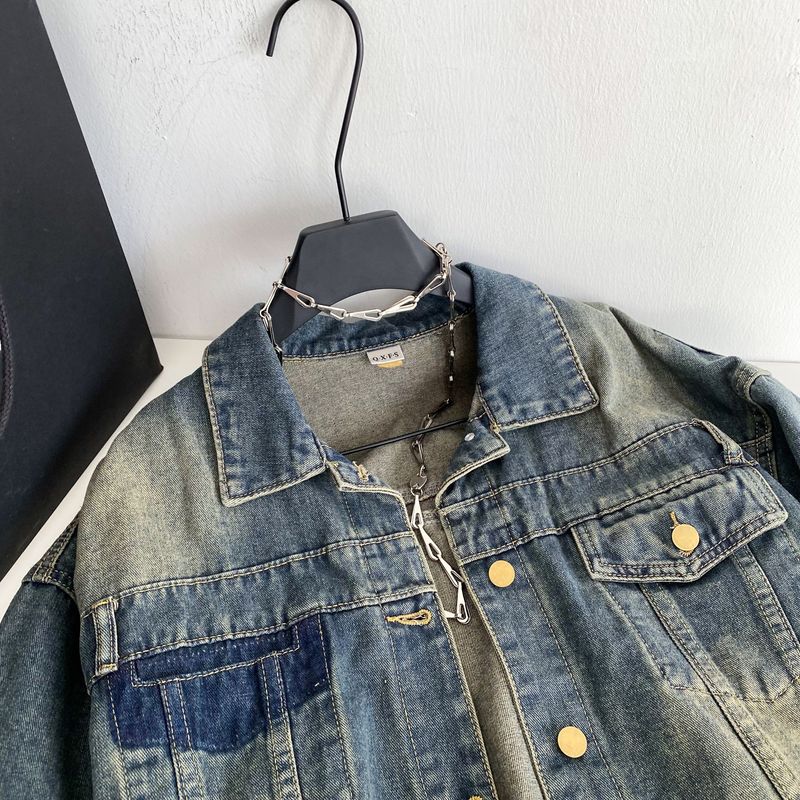 Chaqueta vaquera vintage lavada para mujer: camisa oversize estilo BF de manga larga con abertura frontal y bolsillos._voghion.com