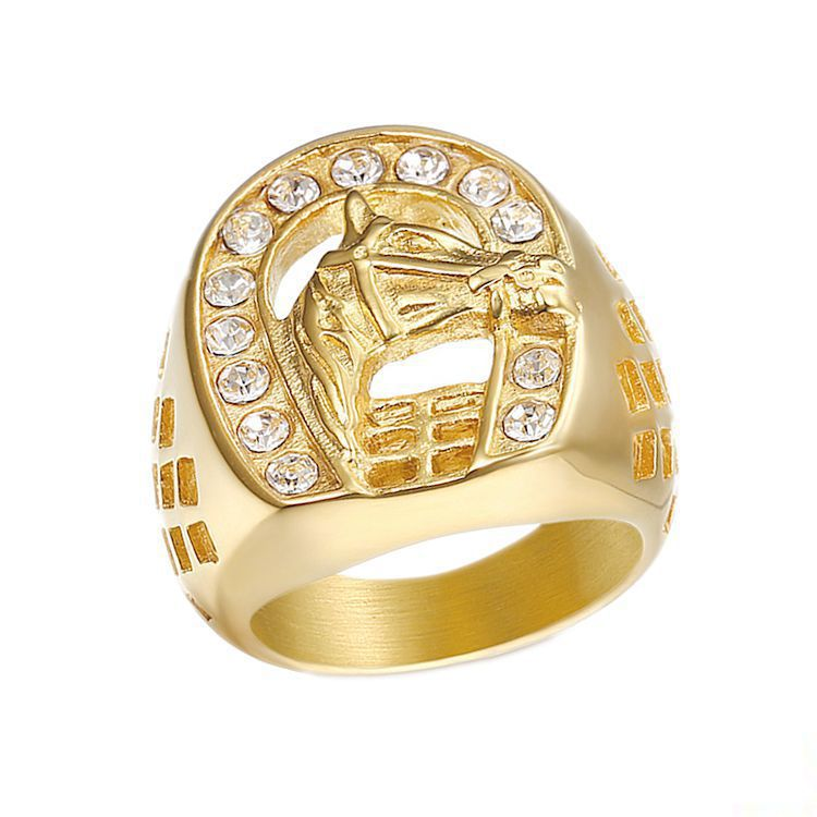 New Hip Hop Gold Plated Diamond Horse Head Men's Ring_voghion.com