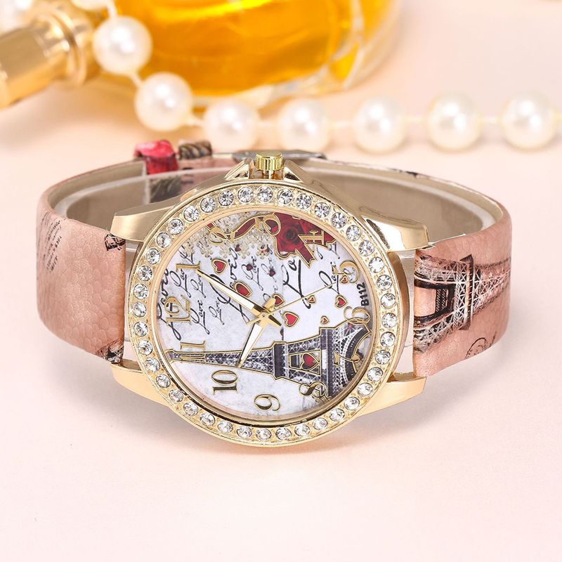 Yamaler Kvinder Eiffeltårnet Rhinestone Læderrem Rund Urskive Analog Quartz Watch_voghion.com