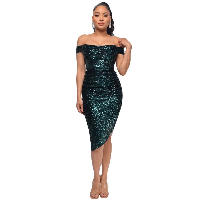 Verve Women's Summer Sequin Side Slit Gown French Off-Shoulder Bodycon Dress_voghion.com
