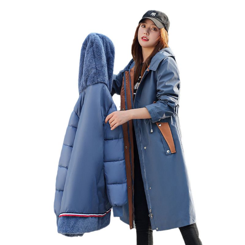 Giacca lunga da donna in cotone a tre vie con fodera in peluche staccabile e collo basso in pelliccia_voghion.com