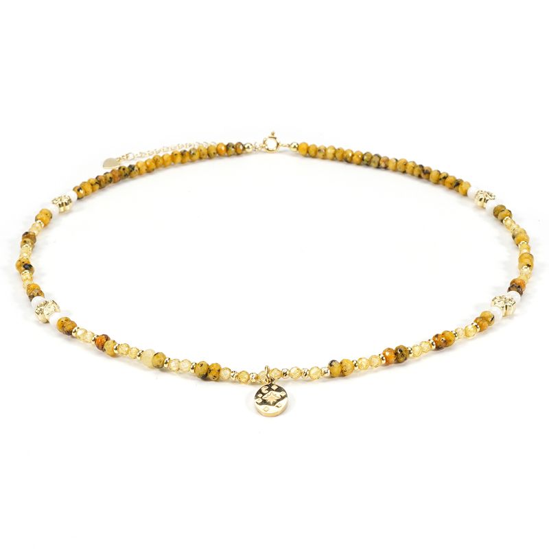 Collana con bracciale in pietra naturale in ambra gialla, zircone, conchiglia, juta, stile Maillard, da 3 cm_voghion.com