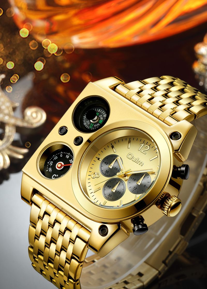 Erkekler İçin Büyük Kadranlı Paslanmaz Çelik Kuvars Saat Pusula Termometreli - Altın ve Siyah Seçenekler Büyük Kadranlı Çelik Bantlı Kuvars Saat Kişiselleştirilmiş Saat_voghion.com